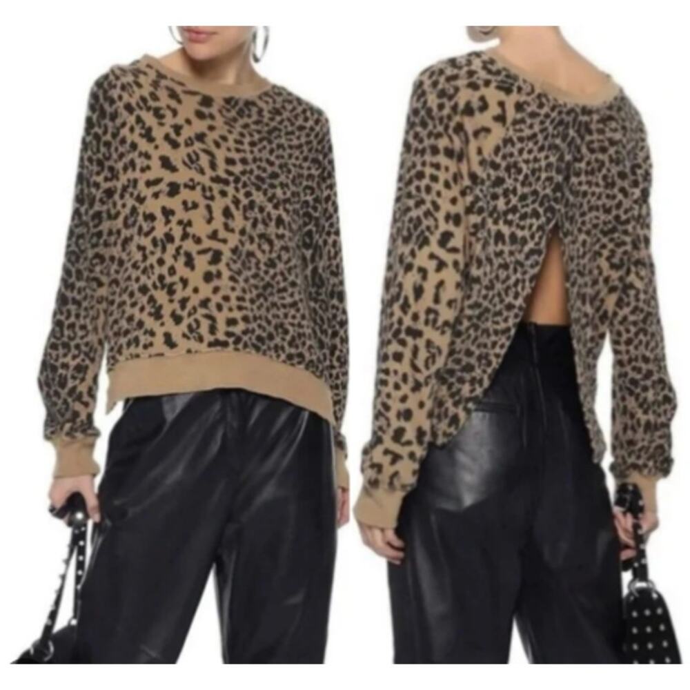 Current/Elliott Leopard Crew Neck Sweater Open Back Oversized Brown Black 1 S